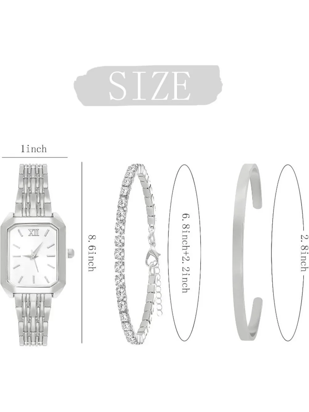 Women's Silver Jewelry Stainless Steel Diamond Bangle Bracelets Set Square Watch